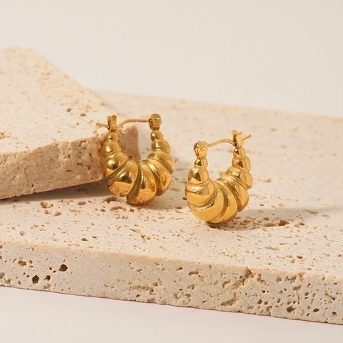 Orecchini a Bottone a Costine Croissant Vintage Francese Per Donna Placcati in Oro 18K Acciaio Inossidabile Orecchini Geometrici Gioielli