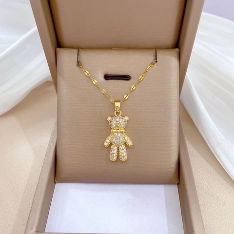 Collana Con Ciondolo A Orsetto Placcata Oro Catena In Acciaio Inossidabile Rame Micro Pave Zircone Gioielli Donna