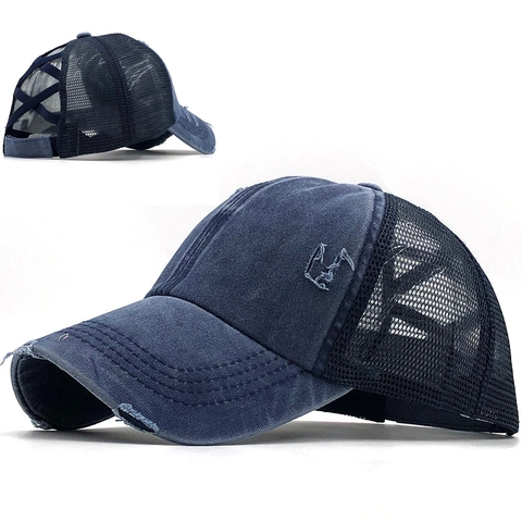 Casquette De Baseball Queue De Cheval Pour Femme Coton Lavé Maille Dos Croisé High Messy Bun Distressed Retro Trucker Hat Réglable