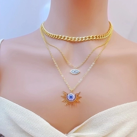 Set di Gioielli con Pendente Sole Malocchio in Acciaio Inossidabile per Donna Collana a Strati Bracciale a Doppio Strato Oro Strass