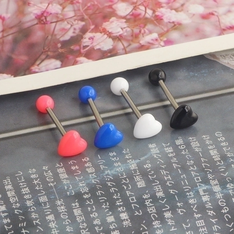 Heart Shaped Tongue Ring Piercing Jewelry Stainless Steel Straight Barbell Colorful Acrylic Body Ornament