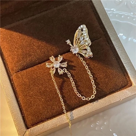Butterfly Flower Zirconia Inlaid Ear Cuff Long Tassel Integrated Earring Copper Electroplated Single Fashion Jewelry For Women