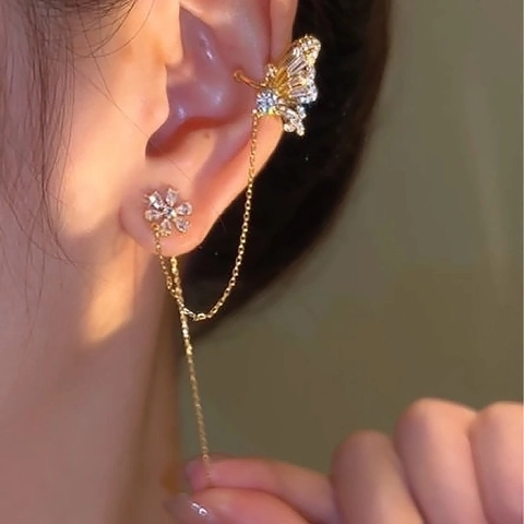 Butterfly Flower Zirconia Inlaid Ear Cuff Long Tassel Integrated Earring Copper Electroplated Single Fashion Jewelry For Women