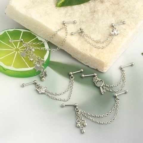 Stainless Steel Industrial Barbell Earring Bone Stud Double Chain With Zircon Charm Punk Gothic Piercing Jewelry For Women