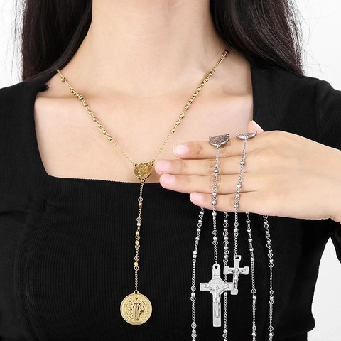 Collana Rosario Religioso In Acciaio Inossidabile Con Perle Rotonde E Ciondolo Croce Crocifisso Per Uomini Donne Moda Vintage