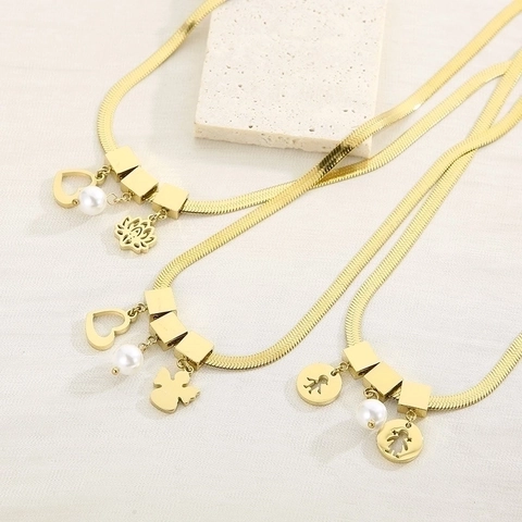 Collana E Bracciale Gioielli Con Ciondoli Cuore Perla Artificial Acciaio Inossidabile Catena A Serpente Elegante Per Donna