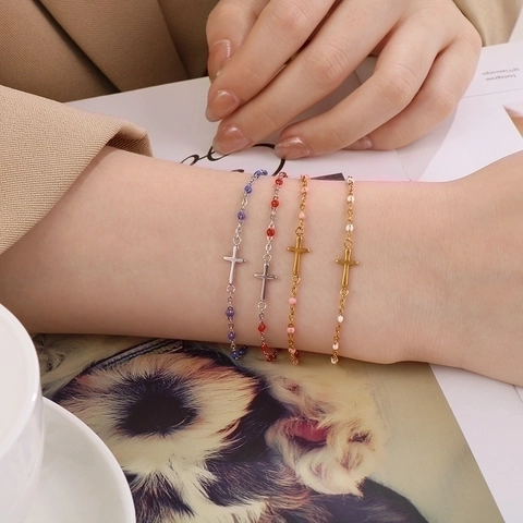 Pulsera De Cuentas Con Colgante De Cruz De Acero Inoxidable Cuentas De Resina Coloridas Joyas Religiosas Minimalistas Para Mujeres