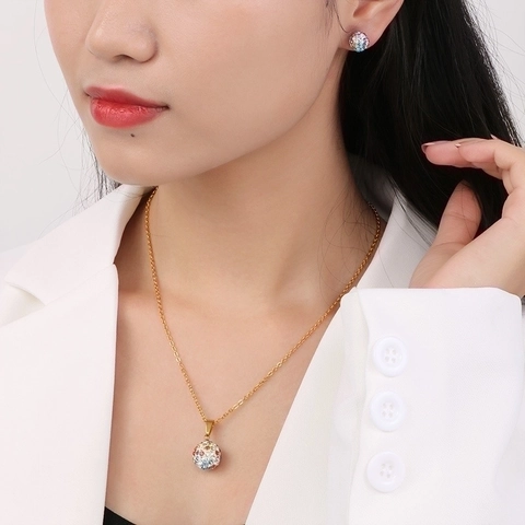 Gioielli In Acciaio Inossidabile Collana E Orecchini Donna Sfera Pave Zircone Rhinestone Scintillante Moda Tendenza