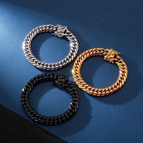 Pulsera De Cadena De Eslabones Cubanos Para Hombre De Acero Inoxidable Pulido Joyería Hip Hop Punk Con Cierre De Diamantes