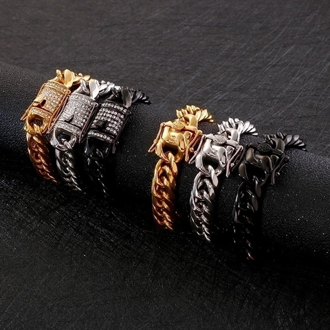 Bracciale Da Uomo In Acciaio Inossidabile Catena Cubana Hip Hop Punk Gioielli Con Chiusura In Strass Testa Di Drago