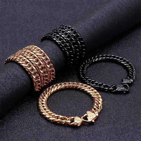 Collar Y Pulsera De Cadena De Eslabones Cubanos Para Hombre Acero Inoxidable 316L Heavy Punk Hip Hop Oro Negro Joyería