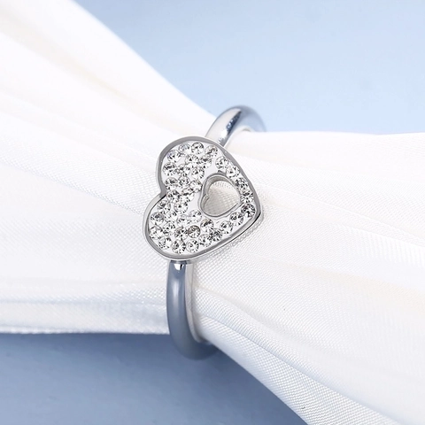 Anello Cuore Cavo Acciaio Inossidabile 316L Micro Pavé Strass Dolce Semplice Gioielli Per Donne Tono Argento Eleganza