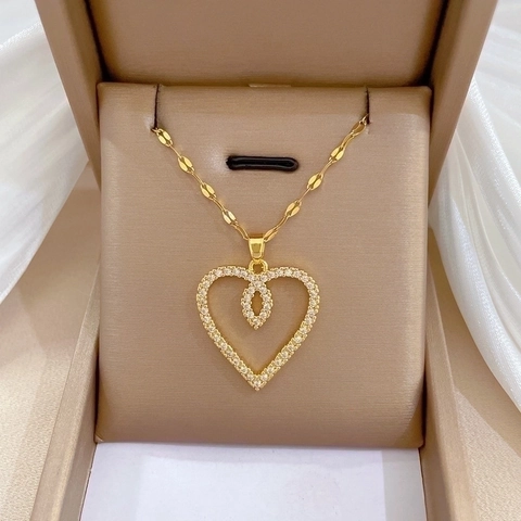 Collier Pendentif Double Coeur Acier Inoxydable Cuivre Avec Zircone Plaqué Or Bijoux De Luxe Élégants Pour Femmes