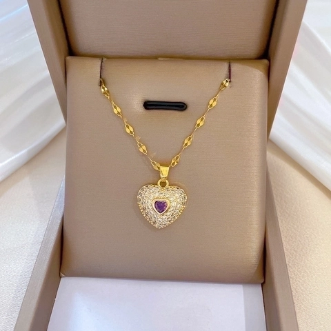 Herz Anhänger Halskette Edelstahl Kette Kupfer Lila Edelstein Rhinestone Luxus Hochzeit Party Schmuck Damen