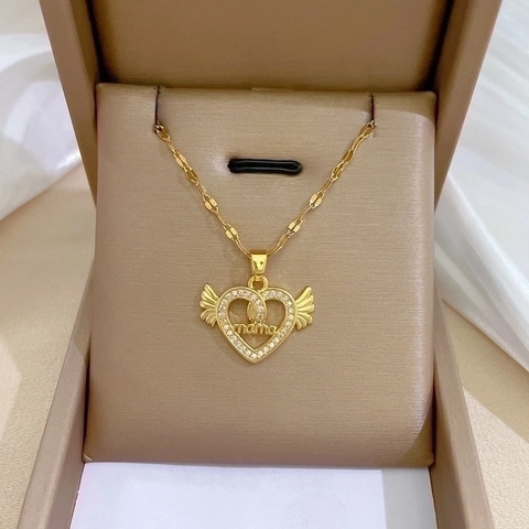 Mama Herz Anhänger Halskette Mit Engelsflügeln Edelstahlkette Kupfer Zirkonia Eleganter Schmuck Für Damen