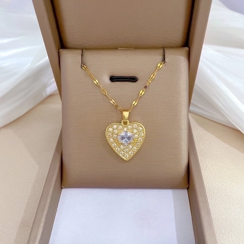 Herz Anhänger Halskette Edelstahl Kette Kupfer Zirkon Eingelegt Elegant Luxus Schlüsselbein Schmuck Für Damen