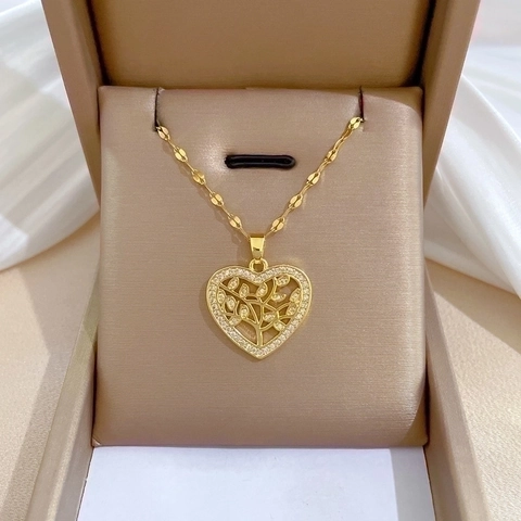 Herz Lebensbaum Anhänger Halskette Vergoldet Edelstahlkette Kupfer Zirkonia Eingelegt Eleganter Schmuck Für Damen