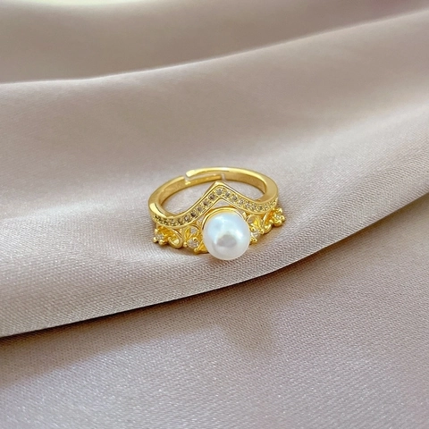 Crown Artificial Pearl Ring Brass Gold Plated Adjustable Hollow Zirconia Princess Style Elegant Jewelry For Women