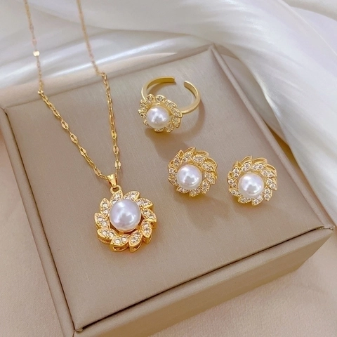 Sunflower Artificial Pearl Pendant Necklace And Stud Earrings And Adjustable Ring Gold Plated Titanium Steel Zircon For Women