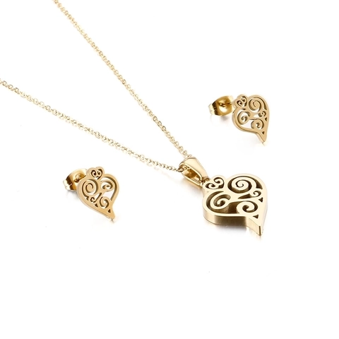 Stainless Steel Hollow Heart Jewelry Set For Women Spiral Pattern Heart Pendant Necklace Stud Earrings Mother's Day Gift Jewelry