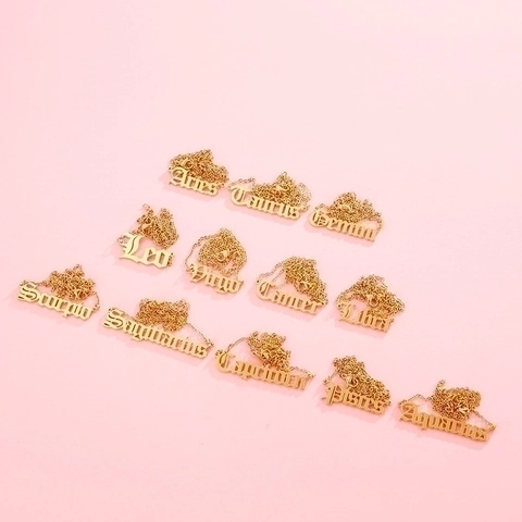 Collier Prénom Signe Du Zodiaque Plaqué Or 18K Acier Inoxydable Police Gothique Bijoux Constellation Pour Femmes