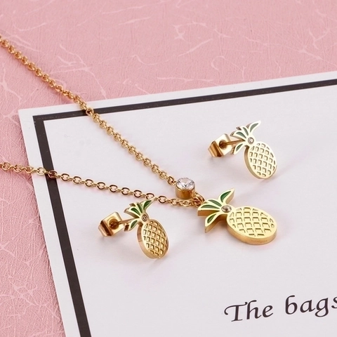 Stainless Steel Jewelry Set For Women Necklace And Stud Earrings With Rhinestone Heart Pineapple Star Roman Numeral Elegant Fashion Accessories