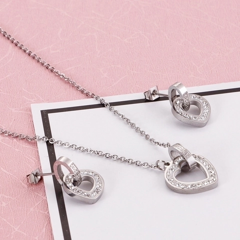 Stainless Steel Heart Necklace And Earrings With Zirconia Forever Love Engraved Romantic Jewelry For Women