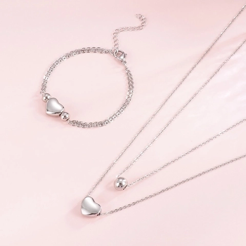 Conjunto de Collar y Pulsera con Colgante de Corazón de Acero Inoxidable Minimalista para Mujer Cadena de Doble Capa Joyería Oro Plata