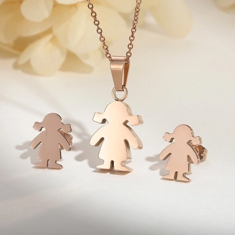 Collar Y Pendientes De Figura De Niña De Acero Inoxidable Joyería Sencilla De Personaje De Dibujos Animados Para Mujeres