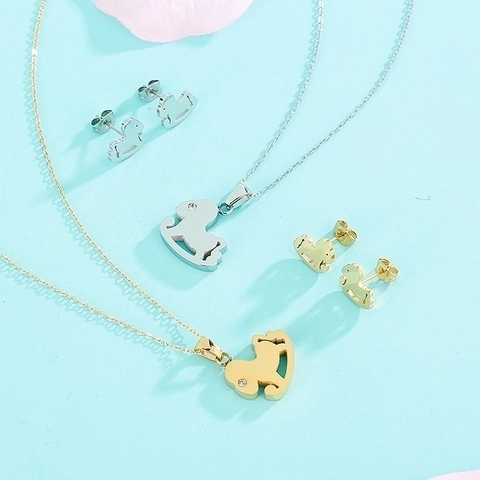 Collar Con Colgante De Caballo Balancín Y Pendientes De Botón Joyería Acero Inoxidable Circón Lindo Animal Para Mujeres