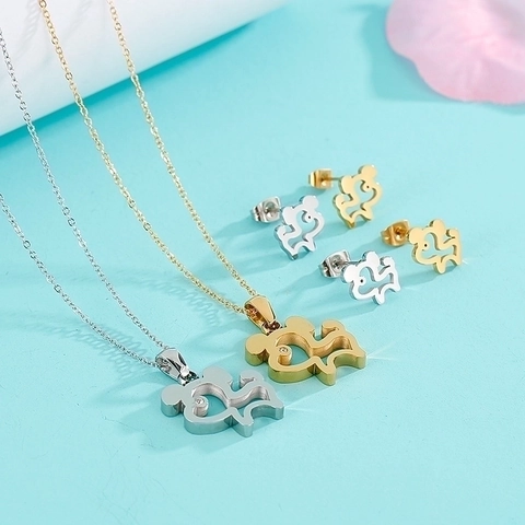 Collar Y Pendientes De Perro De Dibujos Animados Huecos Joyas De Acero Inoxidable 316L Circonita Estilo Ins Mujeres Niñas