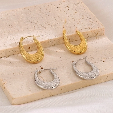 Chunky Hoop Earrings Stainless Steel Geometric Irregular C Shaped Texture French Retro Elegant Jewelry For Women