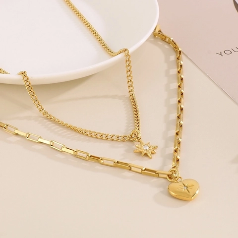 Collar De Doble Capa De Acero Inoxidable Con Colgante De Estrella Y Corazón Diamantes De Imitación Joyería Para Mujer