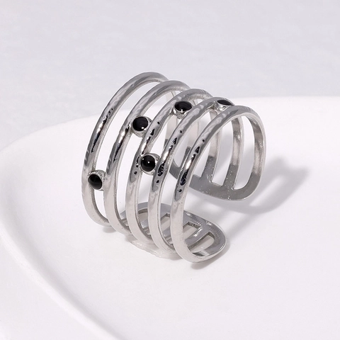 Anillo Abierto Multicapa De Acero Inoxidable Textura Martillada Cuentas Negras Joyería Geométrica Ajustable Para Mujer