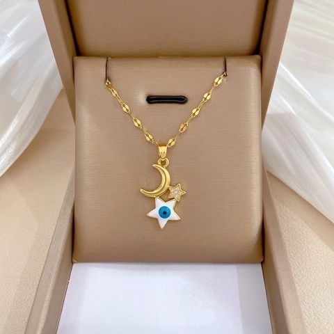 Evil Eye Moon Star Pendant Necklace Titanium Steel Copper Gold Plated Enamel Zirconia Elegant Jewelry For Women