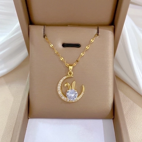 Luxe Halve Maan Konijn Hanger Ketting Titanium Staal Ketting Koper Micro Pave Strass Sleutelbeen Ketting Dames