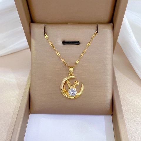 Collana Con Pendente Luna Coniglio Catena In Acciaio Inossidabile Rame Zircone Micro Intarsiato Collana Elegante Per Donna