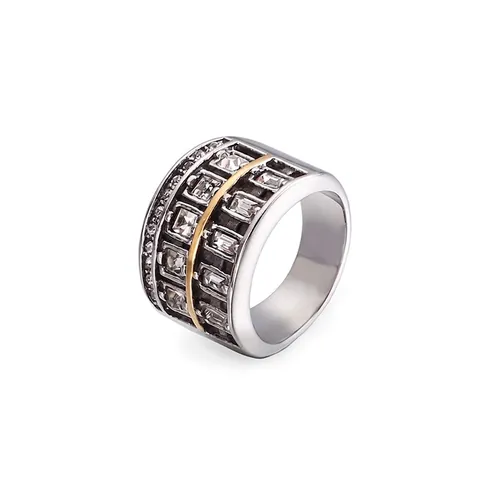 Wide Band Ring 304 Stainless Steel Two Tone Silver Gold Color Square Cubic Zirconia Inlaid Retro Unisex Fashion Jewelry