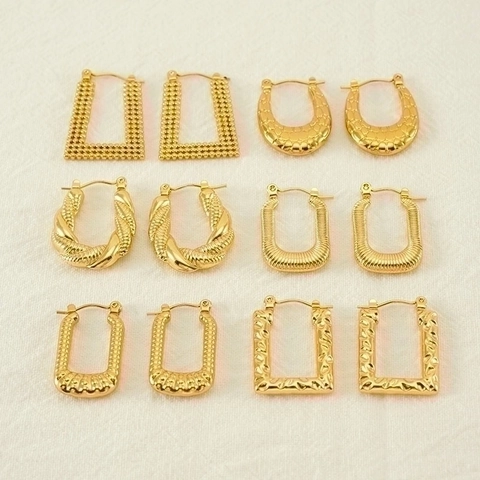 Geometric Hoop Earrings 18K Gold Plated Stainless Steel Textured Irregular Retro Minimalist Elegant Jewelry For Women