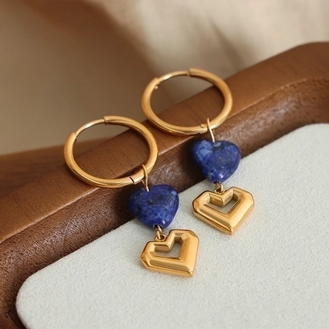 Orecchini a Cerchio in Acciaio al Titanio Placcato Oro Stile Francese Cuore Pietra Blu Pendente a Cuore per Donna