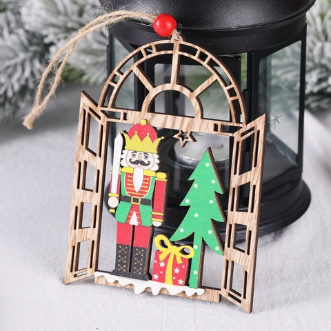 Wooden Christmas Nutcracker Soldier Window Frame Pendant Ornament Painted Rustic Tree Hanging Decoration