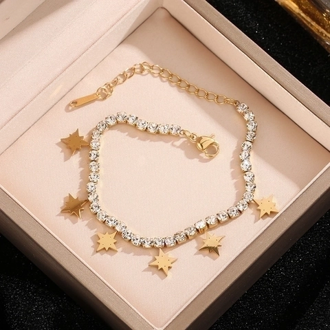 Stainless Steel Rhinestone Octagram Star Charm Bracelet Gold Tone Adjustable Fashion Jewelry For Women