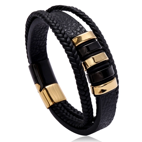 Multi-Layer Braided Leather Bracelet For Men With Stainless Steel Magnetic Clasp Punk Style Black Gold Wristband