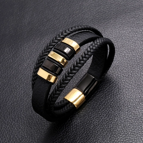 Multi-Layer Braided Leather Bracelet For Men With Stainless Steel Magnetic Clasp Punk Style Black Gold Wristband