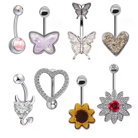 Belly Piercing Navel Rings Heart Butterfly Flower Sunflower Devil Zircon Rhinestone Metal Body Jewelry For Women