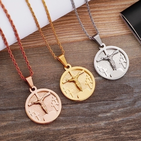 Roestvrijstalen Ronde Kruis Jezus Crucifix Hanger Ketting Spaans Onze Vader Bijbelvers Religieuze Hip Hop Sieraden