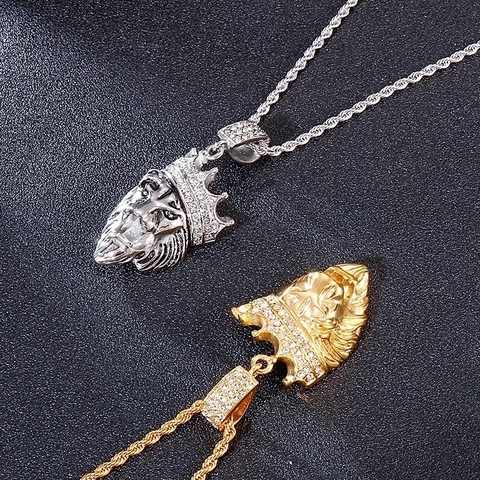 Heren Hip Hop Leeuwenkop Hanger Roestvrij Staal Met Strass Kroon Dierlijke Ketting Mode Sieraden Accessoire