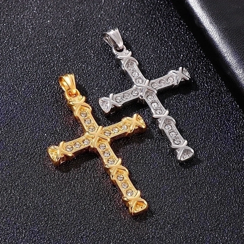 Kruis Hanger Ketting Roestvrij Staal Met Fonkelende Steentjes Hip Hop Punk Streetwear Sieraden Voor Mannen Religieus