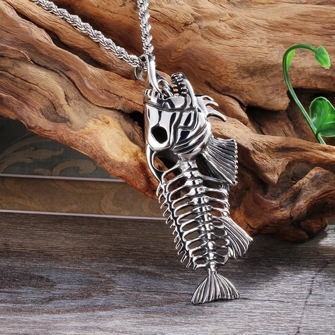Fischgräten Anhänger Halskette Edelstahl Retro Punk Hip Hop Skelett Lange Pulloverkette Schmuck Für Herren Damen
