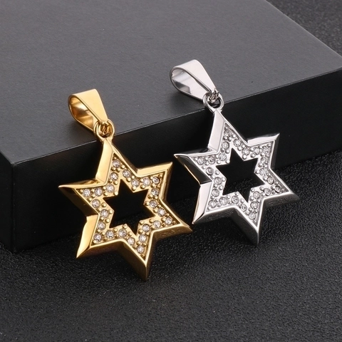 Star Of David Hexagram Pendant Necklace Iced Out Stainless Steel Hollow Religious Hip Hop Jewelry For Men